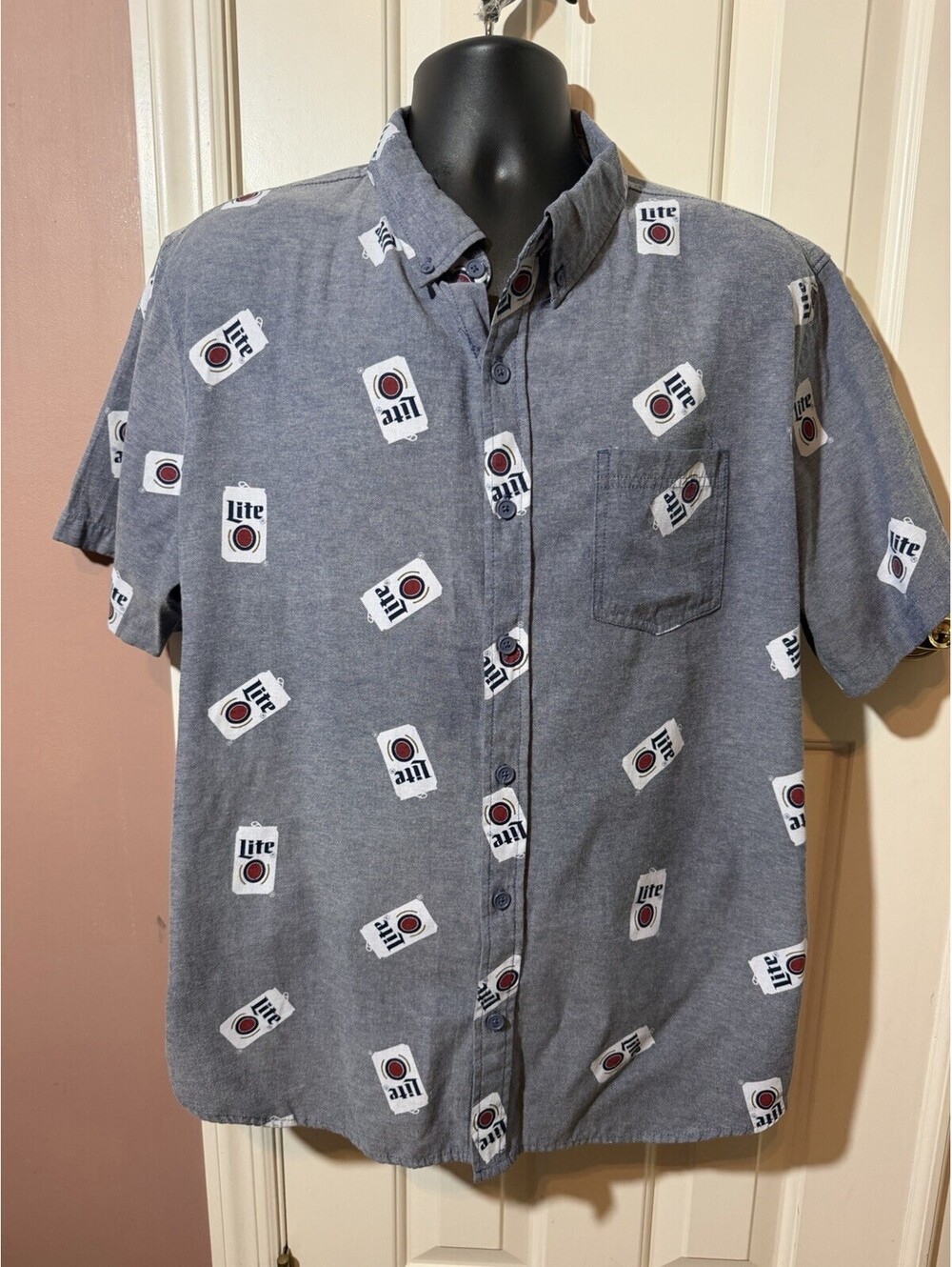 Miller Lite Graphic Print Short Sleeve Button Up Shirt  Mens XL Novelty Dad